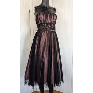 Betsy & Adam Pink Black Tulle Dress XS Spaghetti Strap Beaded Waist Fit & Flare